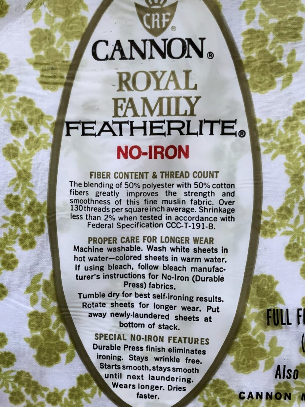Vtg CANNON Featherlite Cameo Rose Dble Full Sheet Set Avocado Green NOS 4pc 1970 - Picture 7 of 9